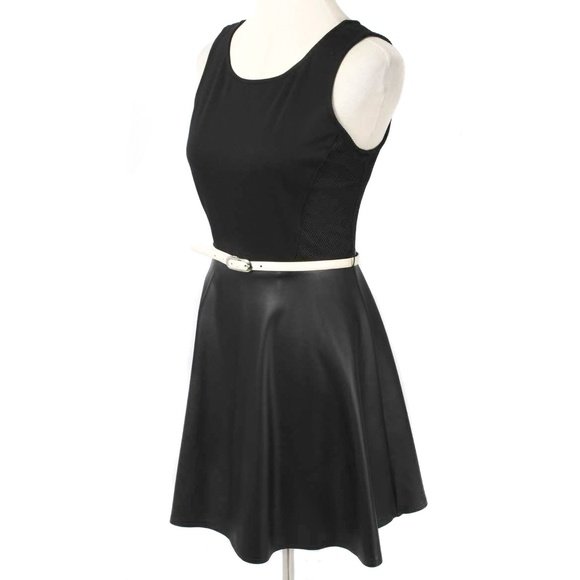 VERA WANG PRINCESS Black Ponte Knit & Faux Leather Belted Skater Dress Size 5 - Picture 2 of 6